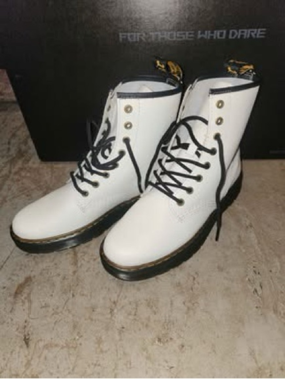 Dr. Martens White Leather Lace-Up Combat Boots with Black Trim - Picture 2 of 4